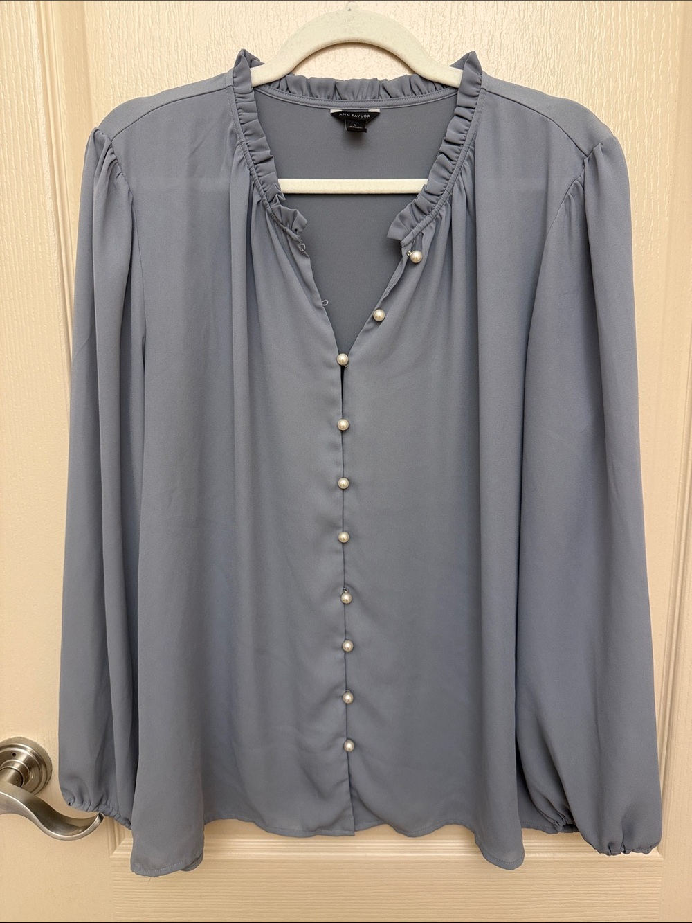 Ann Taylor Gray Pearl-Button Ruffle Blouse